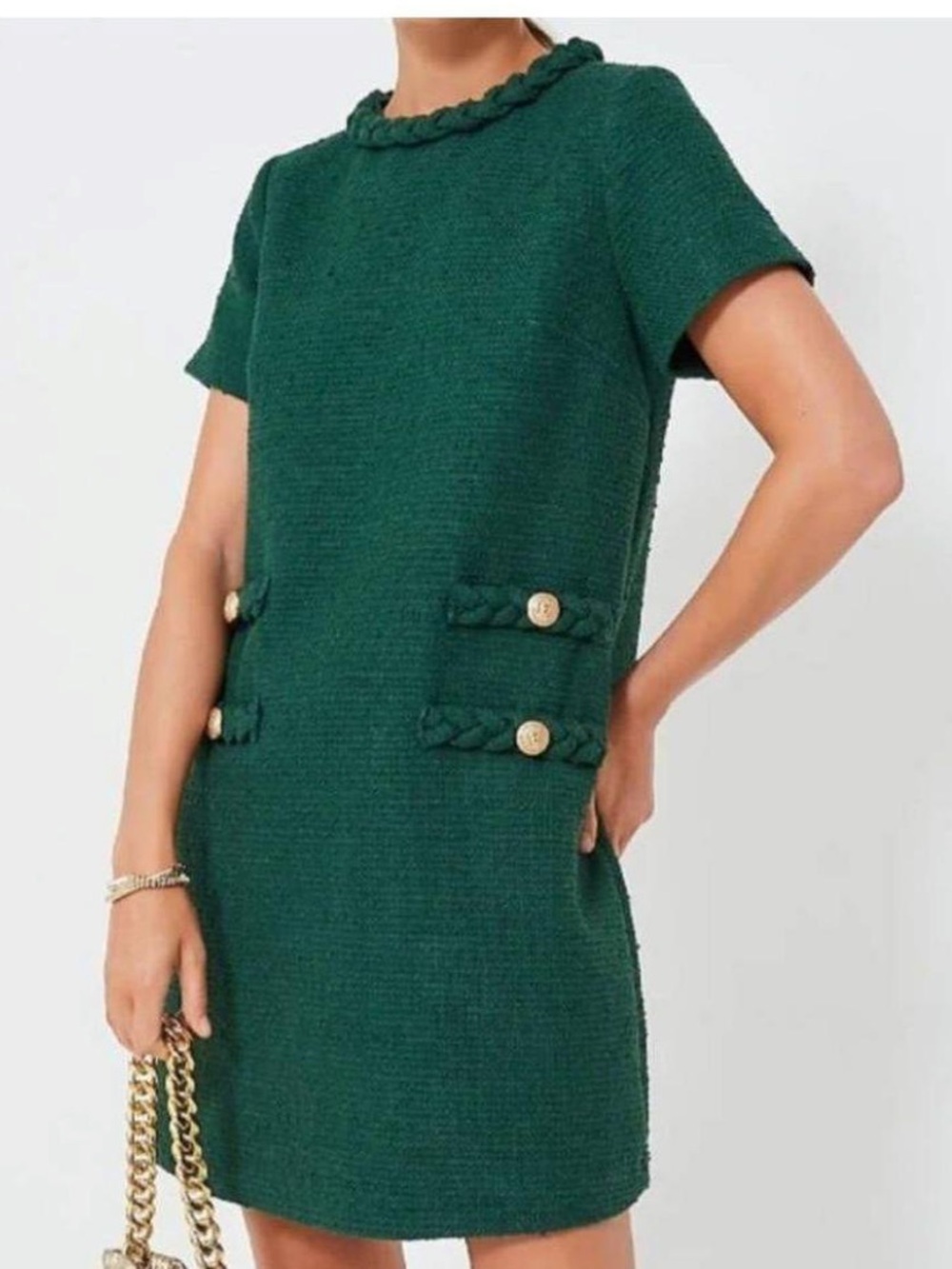 NWT Tuckernuck Hunter Green Tweed Jackie Dress w/ Gold Buttons Sz XS